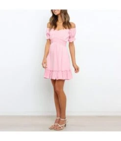 Solid Color Puff Sleeve Ruffles Off Shoulder Tied Rope Vacation Dress Wholesale Dresses SD203764 -DivaLook Shop 03fd09df 3cf7 4877 b37f fa8653e89d21 5fec531613e42d16b65a754b12a76df4