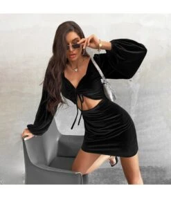 Velvet Sexy Cutout Tie-Up Dress Long Sleeve Solid Color Bodycon Wholesale Dresses SDN561545 -DivaLook Shop 04872607 df0d 4049 932d 73315bd44c80 0d57749a0fd16dab84cfd7f7103fa1e5