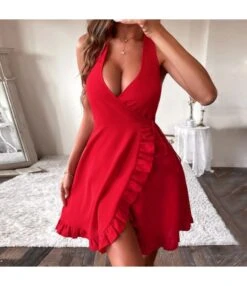 Women Sleeveless Deep V Neck Solid Color Ruffle Hem Wholesale Wrap Dresses SDN580806