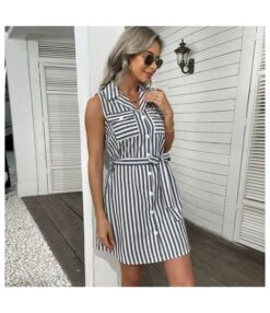 Women Striped Print Sleeveless Lapel Collar V Neck Button Wholesale Shirt Dresses SD580145 -DivaLook Shop 05639b14 2273 4a3c 898b 13ae1dd655de 15655eb3a8a4040e9a7df1cbafaab6e1
