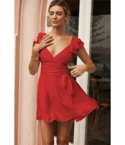 Sexy Deep V Ruffles Sleeve Dress Solid Color Lace-Up Backless Wholesale Dresses SDN560229 -DivaLook Shop 059d6001 94bf 4c13 810d 95c8aa1b43bf f9e938f423a45ec562e456d9ca52d9f6