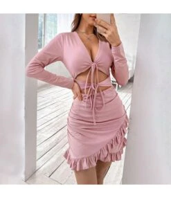 Sexy Hollow Lace-Up Long Sleeve Package Hip Ruffled Wrap Dress Wholesale Dresses SDN537989 -DivaLook Shop 06e57266 9143 4bf8 8eb1 fcd7b6cc48be 7b7e7bd6102a502f8f52ef76381e004b