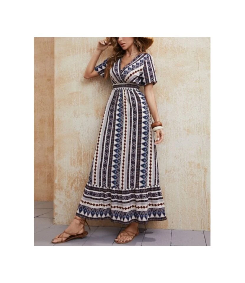 Fashion Printed Short Sleeve V-Neck Vacation Maxi Dresses Wholesale Bohemian Dress For Women SD531450
