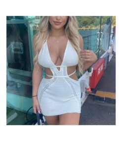 Sexy Halter Neck Wrapped Chest Hollow Bodycon Lace-Up Knit Dress Wholesale Dresses N5323030800039