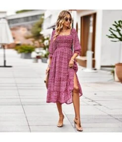 Printed High Waist Square Collar 3/4 Sleeve Flowy Dress Wholesale Dresses N5323021300017 -DivaLook Shop 0faae69ee9d54af98c0cafa9011a2bf3 4