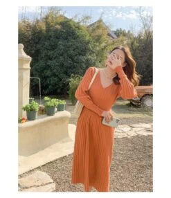 V Neck Solid Color Button Design Wholesale Jersey Dresses Mid Length Sweater Dress Elegant SD184225 -DivaLook Shop 1105fcc9 9f46 43a0 942a 64e44e858942 c69ed41980848fb33a6287b1d7c25282