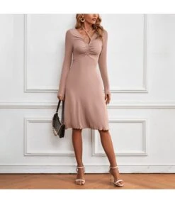 V-Neck Strap Long-Sleeve Elegant Midi A-Line Knitted Dress Wholesale Dresses SDN537994