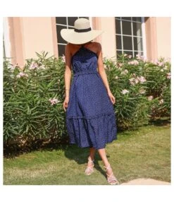 Polka Dot Print Halterneck Sleeveless Backless Wholesale Swing Dresses SD168427