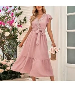 Casual Solid Color Casual Tie-Up Waist Jacquard V-Neck Ruffled Dress Wholesale Dresses SDN539978