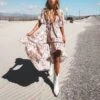 Floral Print Deep-V Neck Flare Sleeve Lace-Up Cutout Irregular Hem Resort Maxi Dresses Wholesale Bohemian Dress For Women SDN532371