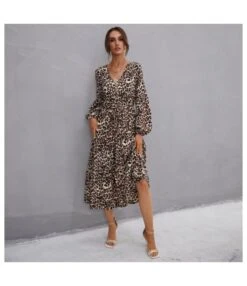 V Neck Buttons Trim Leopard Print Women Dress Wholesale SD030508