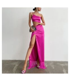 Solid Color One Shoulder Hollow Waist Tassel Sexy High Slit Party Sling Dress Wholesale Maxi Dresses N5323021500002