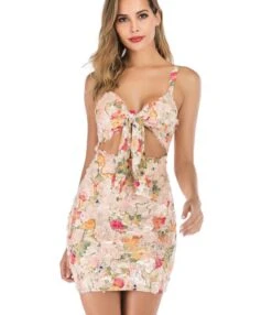 Knot-front Flower Trim Sequins Dress -DivaLook Shop 200522834 6