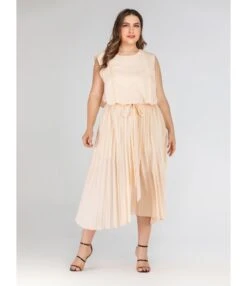 Pure Color Sleeveless Tie Waist Pleated Dress -DivaLook Shop 201023565 1 1