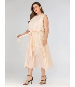 Pure Color Sleeveless Tie Waist Pleated Dress -DivaLook Shop 201023565 3