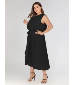 Pure Color Sleeveless Tie Waist Pleated Dress -DivaLook Shop 201023565 4