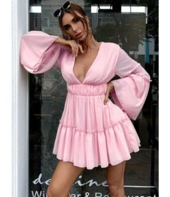 Flare Sleeve V Collar Plain Chiffon Pleated Dress