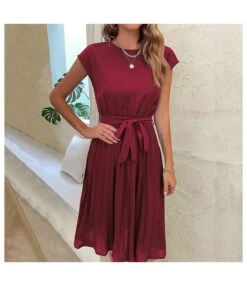 Casual Lace-Up Pleated Dress Short Sleeve Solid Color Wholesale Dresses SDN561294 -DivaLook Shop 20220720025829971