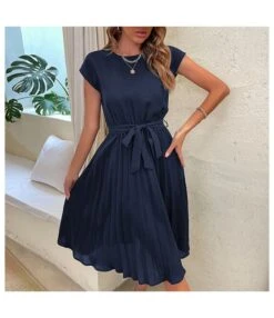 Casual Lace-Up Pleated Dress Short Sleeve Solid Color Wholesale Dresses SDN561294 -DivaLook Shop 20220720025830473