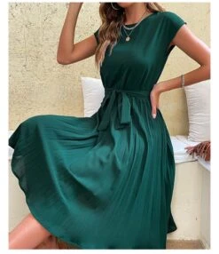 Casual Lace-Up Pleated Dress Short Sleeve Solid Color Wholesale Dresses SDN561294 -DivaLook Shop 20220720025830928