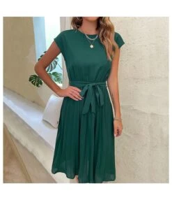 Casual Lace-Up Pleated Dress Short Sleeve Solid Color Wholesale Dresses SDN561294 -DivaLook Shop 20220720025831023