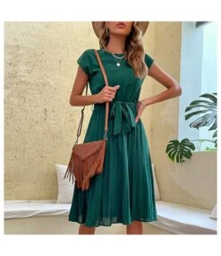 Casual Lace-Up Pleated Dress Short Sleeve Solid Color Wholesale Dresses SDN561294 -DivaLook Shop 20220720025831369