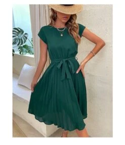 Casual Lace-Up Pleated Dress Short Sleeve Solid Color Wholesale Dresses SDN561294 -DivaLook Shop 20220720025831762