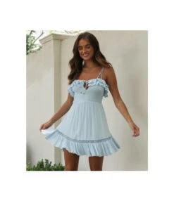 Solid Color Lotus Leaf Lace-Up Slip Swing Dress Wholesale Dresses SDN536196 -DivaLook Shop 20220802060410936