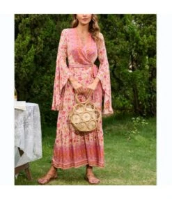 V-Neck Tie-Up Flared Sleeve Boho Slit Maxi Dress Wholesale Bohemian Dress For Women SDN536216