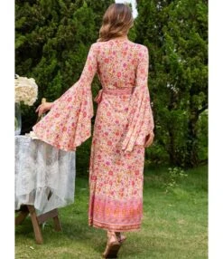 V-Neck Tie-Up Flared Sleeve Boho Slit Maxi Dress Wholesale Bohemian Dress For Women SDN536216 -DivaLook Shop 20220803021911223