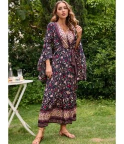 V-Neck Tie-Up Flared Sleeve Boho Slit Maxi Dress Wholesale Bohemian Dress For Women SDN536216 -DivaLook Shop 20220803021911663 1