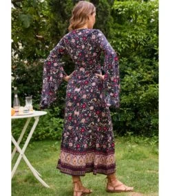 V-Neck Tie-Up Flared Sleeve Boho Slit Maxi Dress Wholesale Bohemian Dress For Women SDN536216 -DivaLook Shop 20220803021912198
