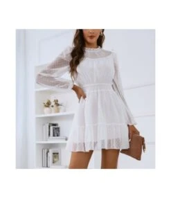 Casual Lace Trim A-Line Dress Puff Sleeves High Waist Wholesale Dresses SDN561461