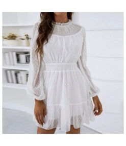 Casual Lace Trim A-Line Dress Puff Sleeves High Waist Wholesale Dresses SDN561461 -DivaLook Shop 20220803041043297