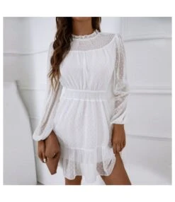 Casual Lace Trim A-Line Dress Puff Sleeves High Waist Wholesale Dresses SDN561461 -DivaLook Shop 20220803041043580