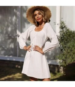 Casual Square Neck A-Line Dress Lace-Up Long Sleeve Solid Color Wholesale Dresses SDN561544 -DivaLook Shop 20220806031913047