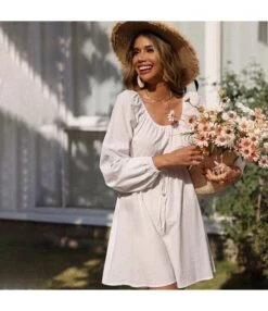 Casual Square Neck A-Line Dress Lace-Up Long Sleeve Solid Color Wholesale Dresses SDN561544 -DivaLook Shop 20220806031913660