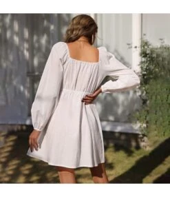 Casual Square Neck A-Line Dress Lace-Up Long Sleeve Solid Color Wholesale Dresses SDN561544 -DivaLook Shop 20220806031913943