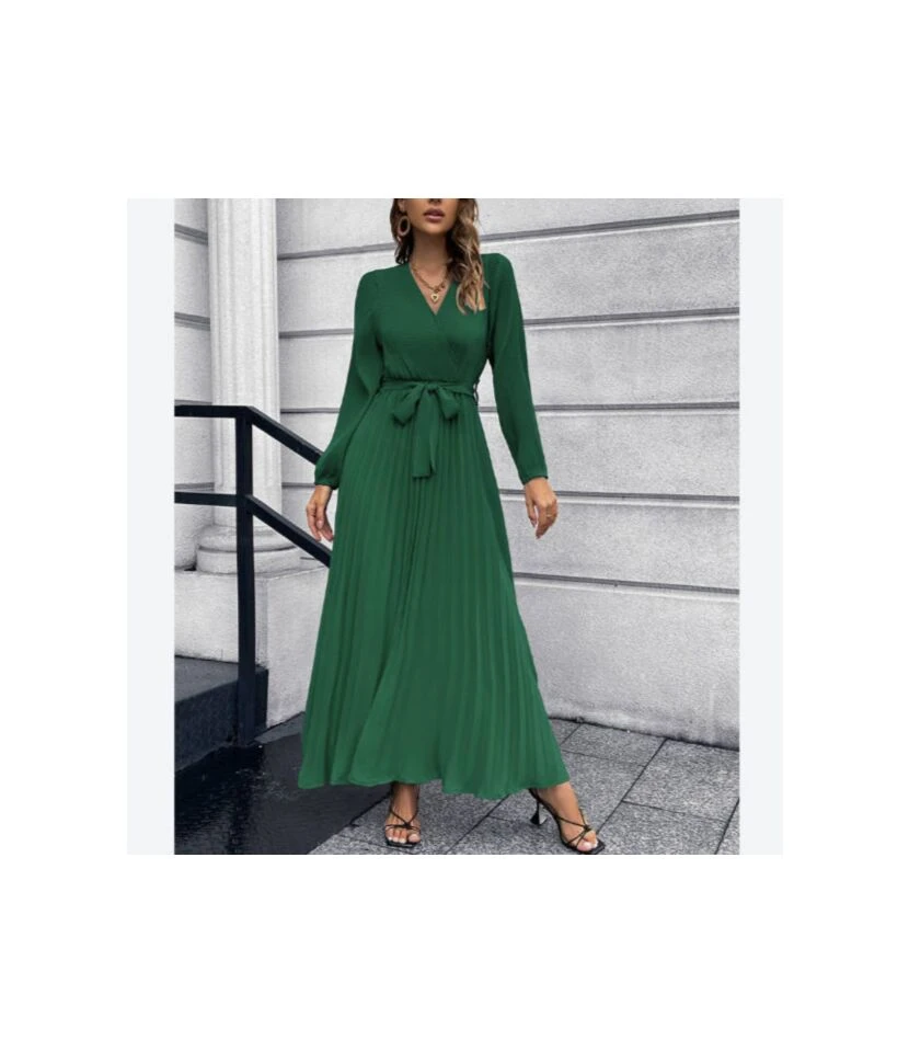 Long Sleeve V-Neck Tie-Up Pleated Swing Dress Wholesale Maxi Dresses SDN536045 6 Long Sleeve V-Neck Tie-Up Pleated Swing Dress Wholesale Maxi Dresses SDN536045 - Image 4