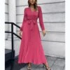 Long Sleeve V-Neck Tie-Up Pleated Swing Dress Wholesale Maxi Dresses SDN536045 -DivaLook Shop 20220817102509829 1