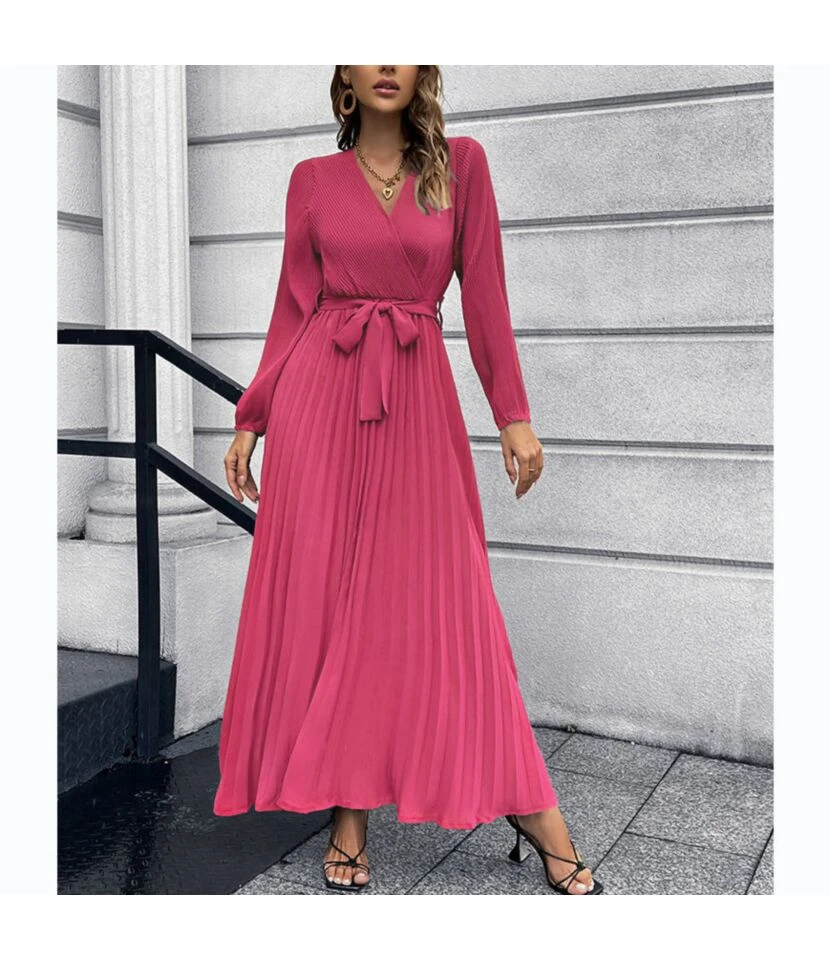 Long Sleeve V-Neck Tie-Up Pleated Swing Dress Wholesale Maxi Dresses SDN536045 3 Long Sleeve V-Neck Tie-Up Pleated Swing Dress Wholesale Maxi Dresses SDN536045