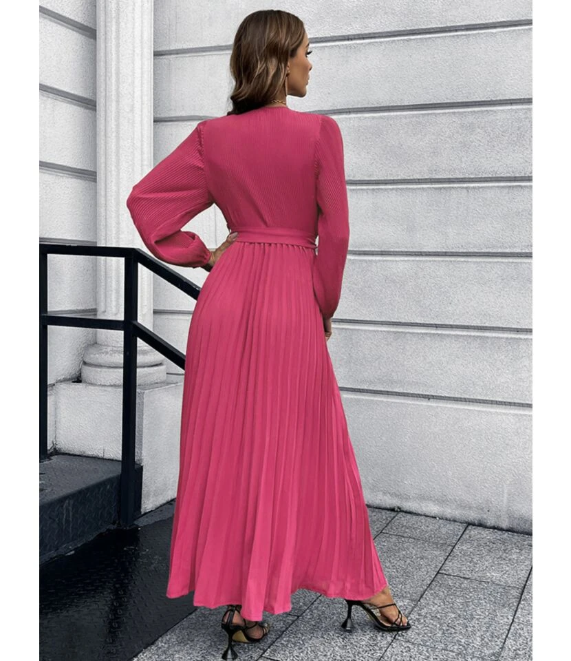Long Sleeve V-Neck Tie-Up Pleated Swing Dress Wholesale Maxi Dresses SDN536045 5 Long Sleeve V-Neck Tie-Up Pleated Swing Dress Wholesale Maxi Dresses SDN536045 - Image 3
