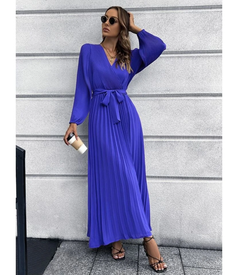 Long Sleeve V-Neck Tie-Up Pleated Swing Dress Wholesale Maxi Dresses SDN536045 7 Long Sleeve V-Neck Tie-Up Pleated Swing Dress Wholesale Maxi Dresses SDN536045 - Image 5