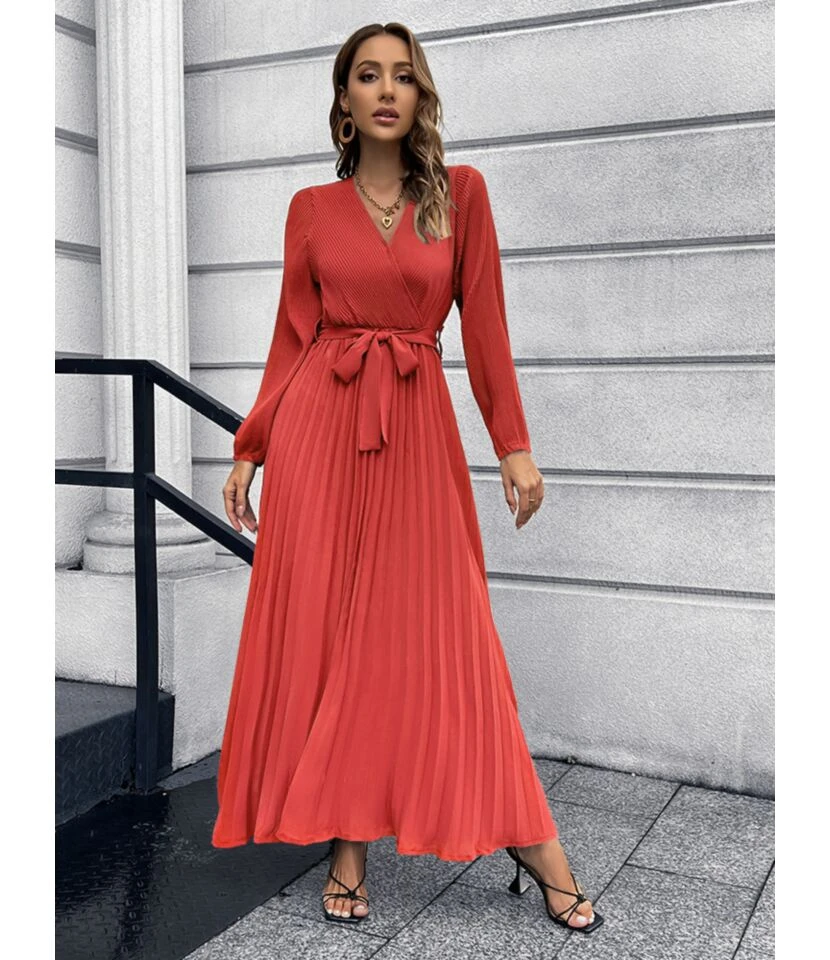 Long Sleeve V-Neck Tie-Up Pleated Swing Dress Wholesale Maxi Dresses SDN536045 8 Long Sleeve V-Neck Tie-Up Pleated Swing Dress Wholesale Maxi Dresses SDN536045 - Image 6
