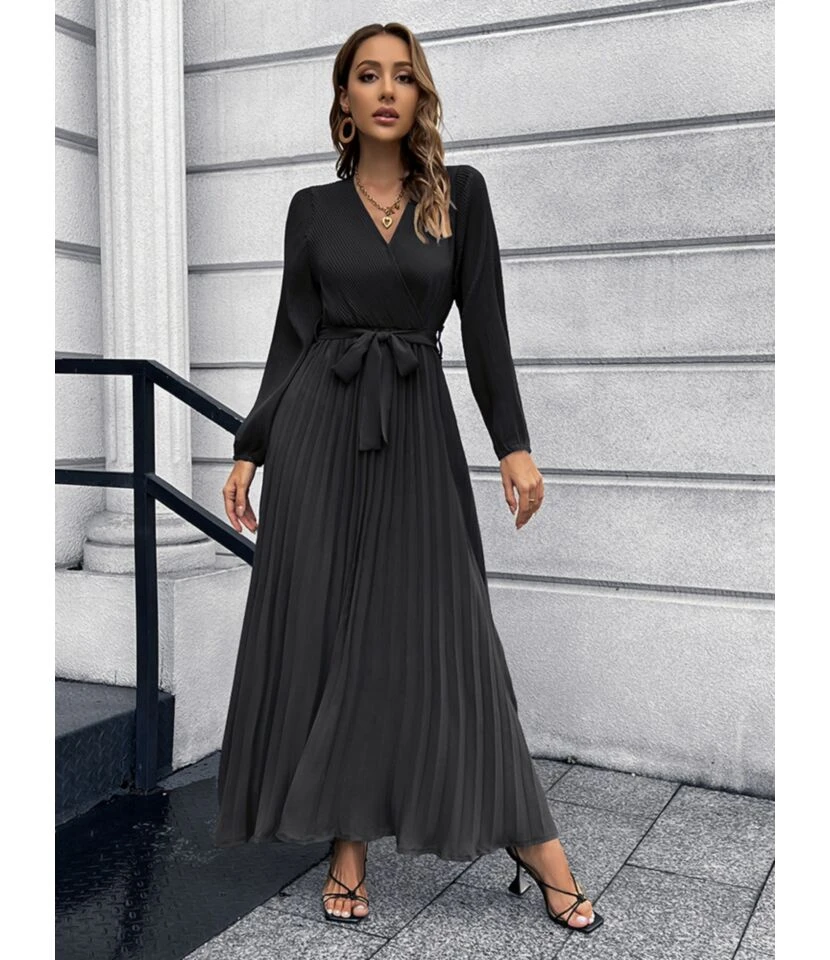 Long Sleeve V-Neck Tie-Up Pleated Swing Dress Wholesale Maxi Dresses SDN536045 9 Long Sleeve V-Neck Tie-Up Pleated Swing Dress Wholesale Maxi Dresses SDN536045 - Image 7