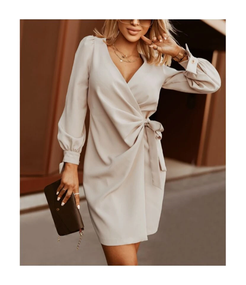 Sexy V Neck Lace-Up Mini Dress Puff Sleeve Solid Color Wholesale Dresses SDN561528 3 Sexy V Neck Lace-Up Mini Dress Puff Sleeve Solid Color Wholesale Dresses SDN561528