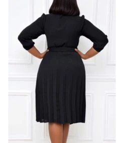 Single Breasted Solid Pleated Shirt Dress With Belt -DivaLook Shop 210107689 2