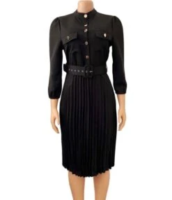 Single Breasted Solid Pleated Shirt Dress With Belt -DivaLook Shop 210107689 3