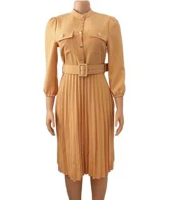 Single Breasted Solid Pleated Shirt Dress With Belt -DivaLook Shop 210107689 5