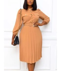 Single Breasted Solid Pleated Shirt Dress With Belt -DivaLook Shop 210107689 6